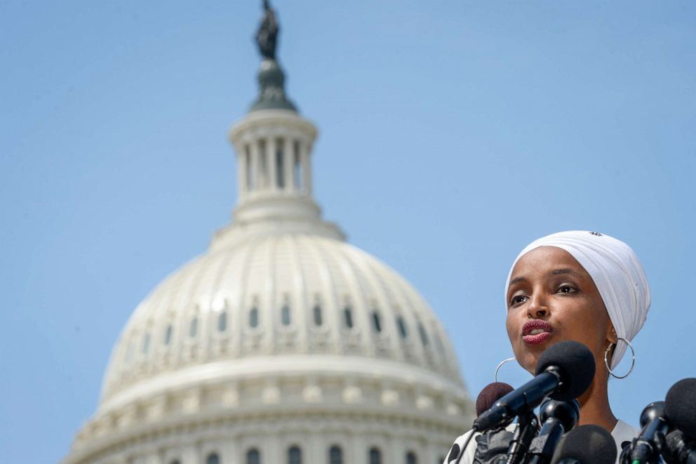 PHOTO: Rep. Ilhan Omar, D-Minn., holds a news conference to discuss major college affordability legislation in Washington, June 24, 2019.