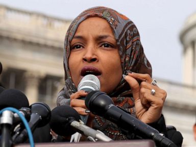 PHOTO: Rep. Ilhan Omar participates in a news conference to call on Congress to cut funding for ICE (Immigration and Customs Enforcement), at the U.S. Capitol in Washington, Feb. 7, 2019.
