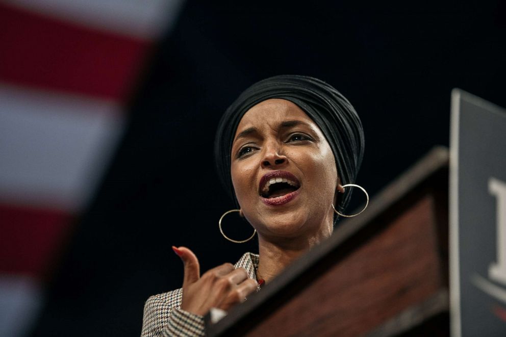 PHOTO: Rep. Ilhan Omar, D-Minn., speaks at a campaign rally for Democratic presidential candidate Bernie Sanders at the University of Minnesotas Williams Arena on Nov. 3, 2019 in Minneapolis.