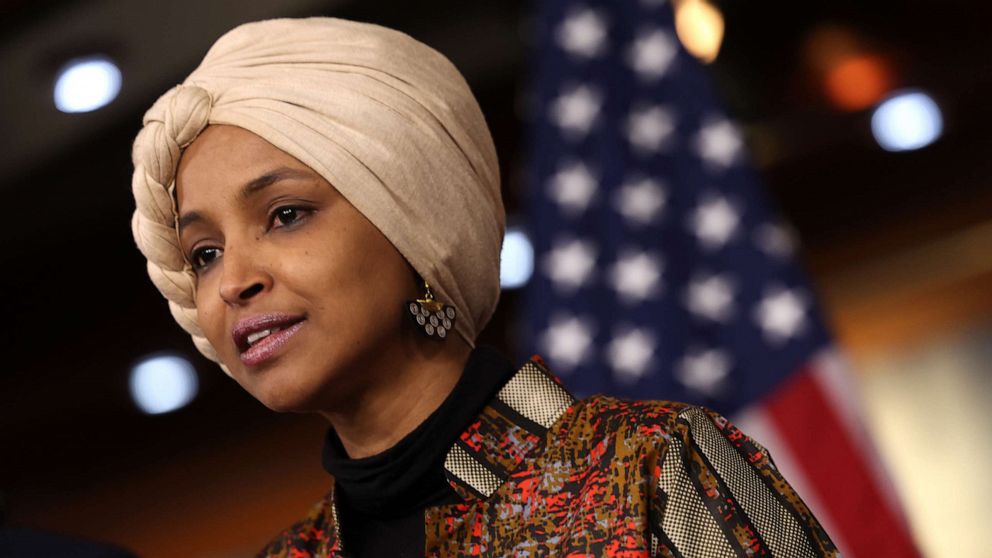 PHOTO: Rep. Ilhan Omar (D-MN) speaks at a press conference on committee assignments for the 118th U.S. Congress, at the Capitol Building on Jan. 25, 2023 in Washington, DC.