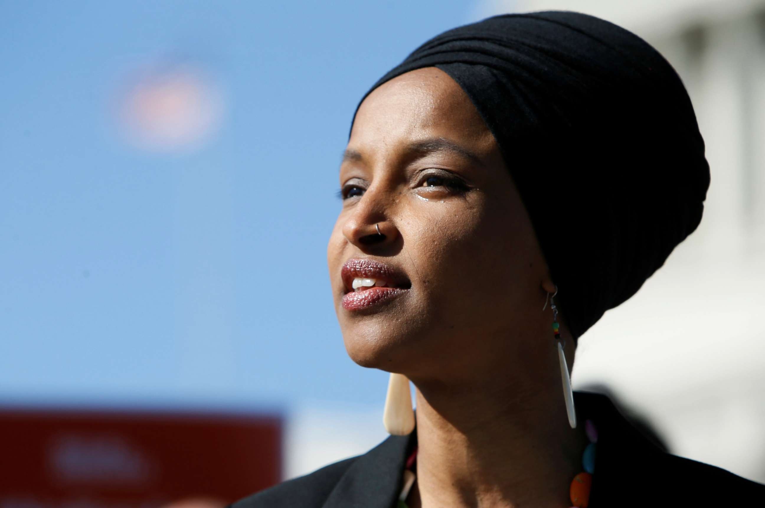 PHOTO: Rep. Ilhan Omar speaks about Trump administration policies towards Muslim immigrants and her own immigrant background at a news conference outside the U.S. Capitol in Washington, April 10, 2019.