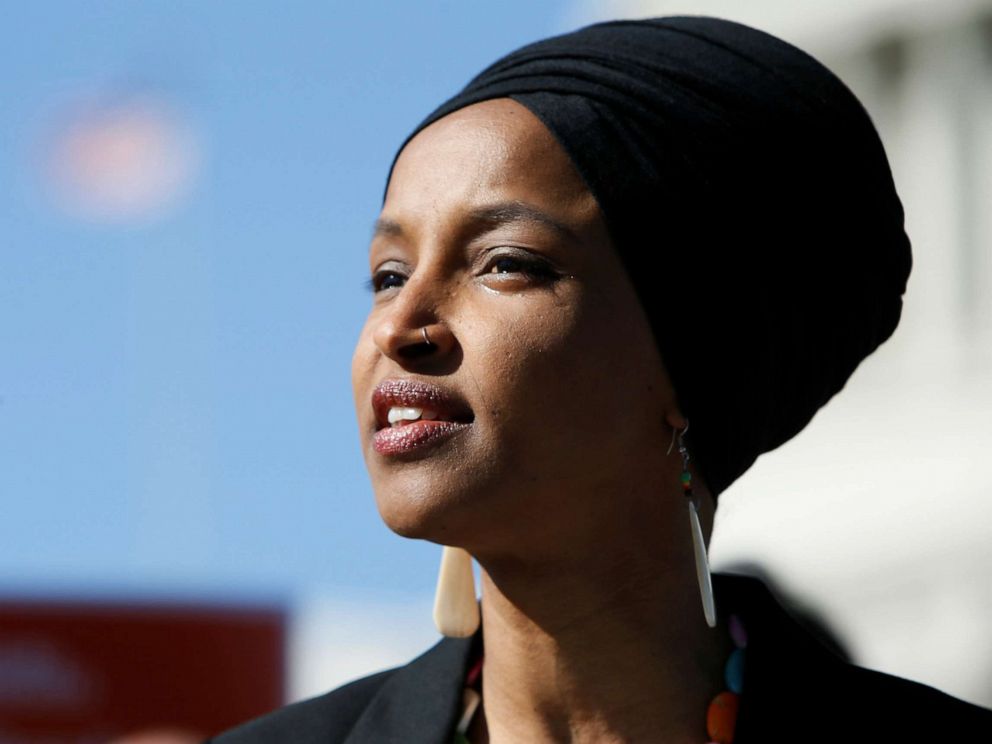 PHOTO: Rep. Ilhan Omar speaks about Trump administration policies towards Muslim immigrants and her own immigrant background at a news conference outside the U.S. Capitol in Washington, April 10, 2019.