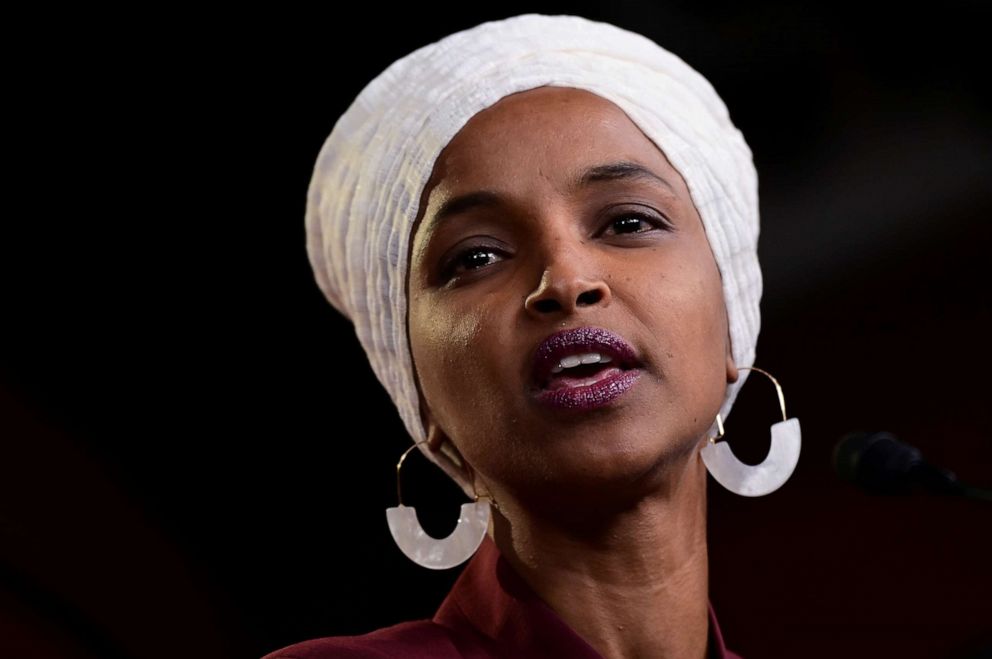 PHOTO: Rep. Ilhan Omar speaks at a news conference after Democrats in Congress moved to formally condemn President Donald Trump's attacks on the four minority congresswomen on Capitol Hill in Washington, D.C., July 15, 2019.