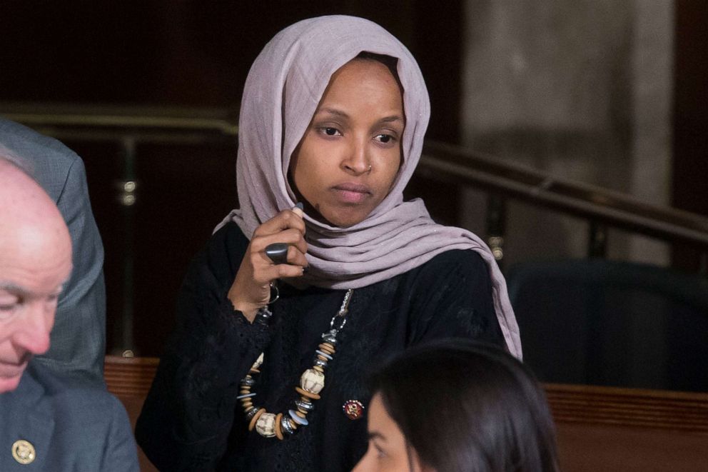 PHOTO: Democratic Representative from Minnesota Ilhan Omar attends a joint meeting of the Congress, on Capitol Hill in Washington, April 3, 2019.