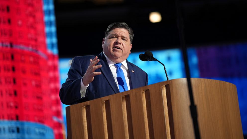 PHOTO: Illinois Gov. J.B. Pritzker speaks on stage during the second day of the Democratic National Convention on Aug. 20, 2024 in Chicago.
