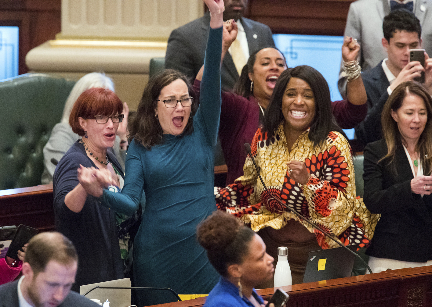PHOTO: Illinois state Rep. Kelly Cassidy, D-Chicago, center, sponsored the abortion bill expected to be signed on Wednesday, June 12, by Gov. J.B. Pritzker.