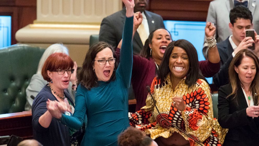 PHOTO: Illinois state Rep. Kelly Cassidy, D-Chicago, center, sponsored the abortion bill expected to be signed on Wednesday, June 12, by Gov. J.B. Pritzker.