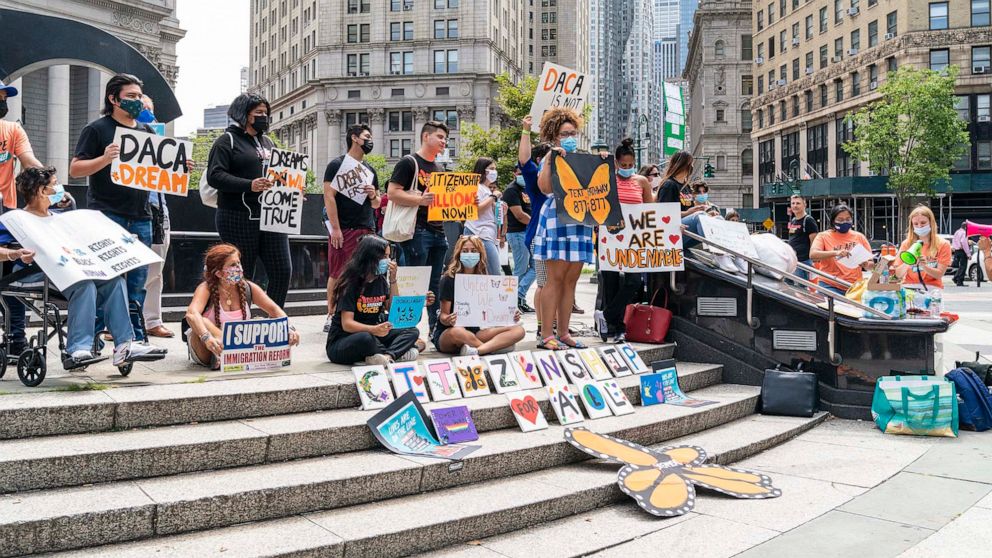 PHOTO: Deferred Action for Childhood Arrivals (DACA) protesters rally on Foley Square demanding citizenship now for all undocumented immigrants in New York, Aug. 17, 2021.