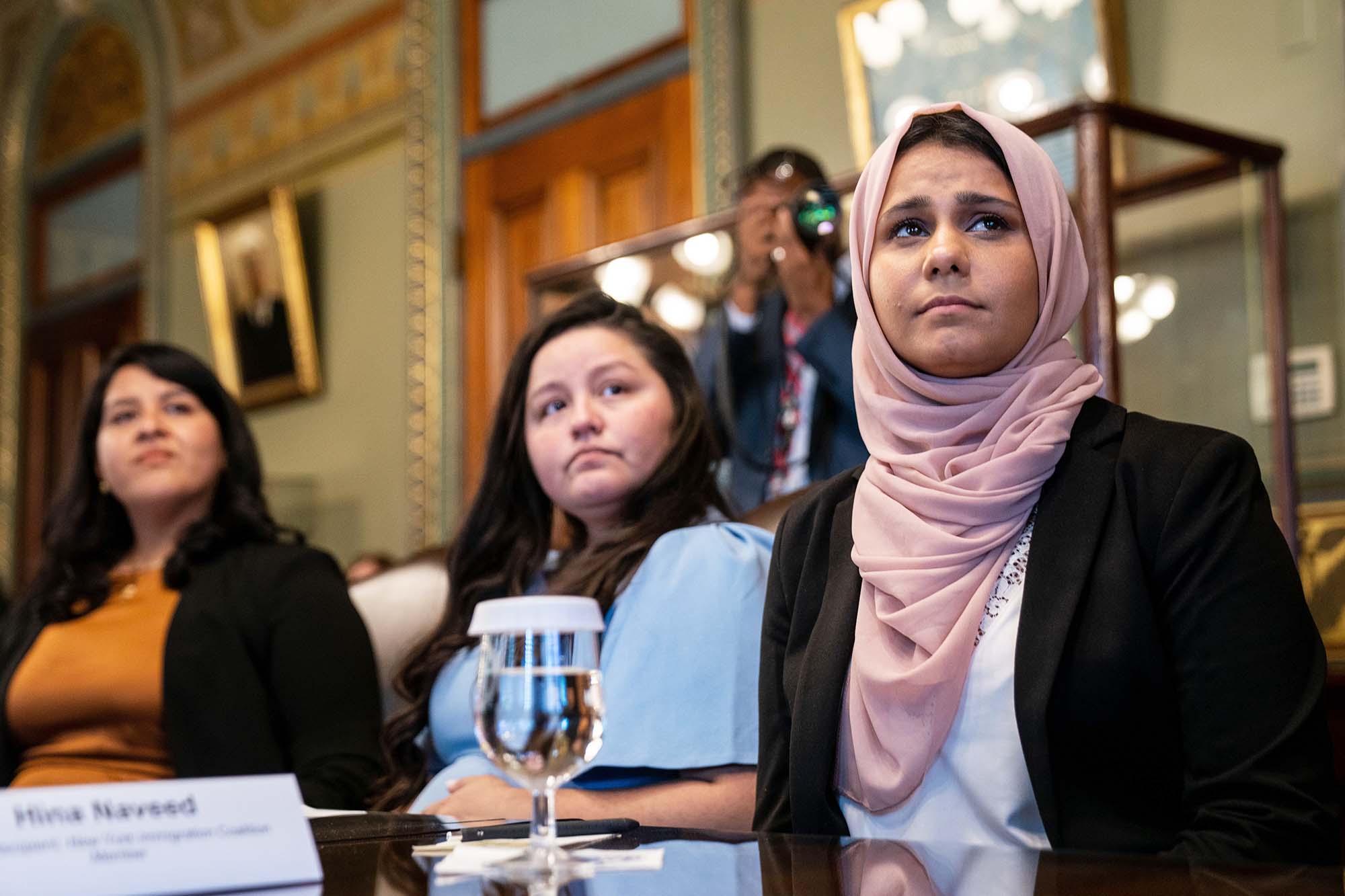 PHOTO: Hina Naveed, DACA Recipient and New York Immigration Coalition Member, right, listens as Diana Bautista, DACA Applicant CHIRLA Youth Member, speaks on a virtual call with Vice President Kamala Harris in Washington, July 22, 2021.