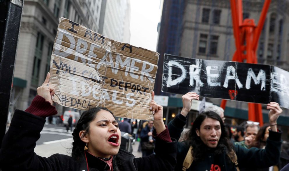 PHOTO: Activists and DACA recipients march up Broadway during the start of their 'Walk to Stay Home,' a five-day 250-mile walk from New York to Washington D.C., to demand that Congress pass a Clean Dream Act, in New York, Feb. 15, 2018.
