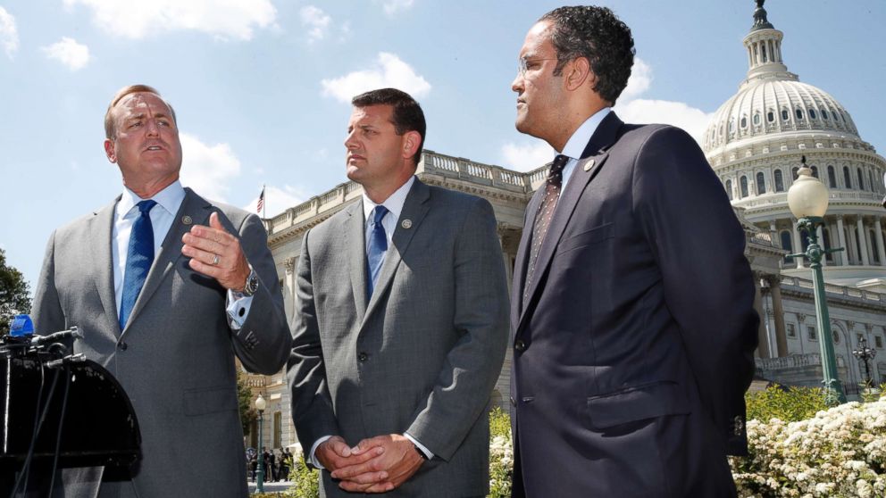 Rep. Jeff Denham, Rep. David Valadao, and Rep. Will Hurd,left to right, during a news conference with House Republicans who are collecting signatures on a petition to force House votes on immigration legislation, May 9, 2018, in Washington, D.C.