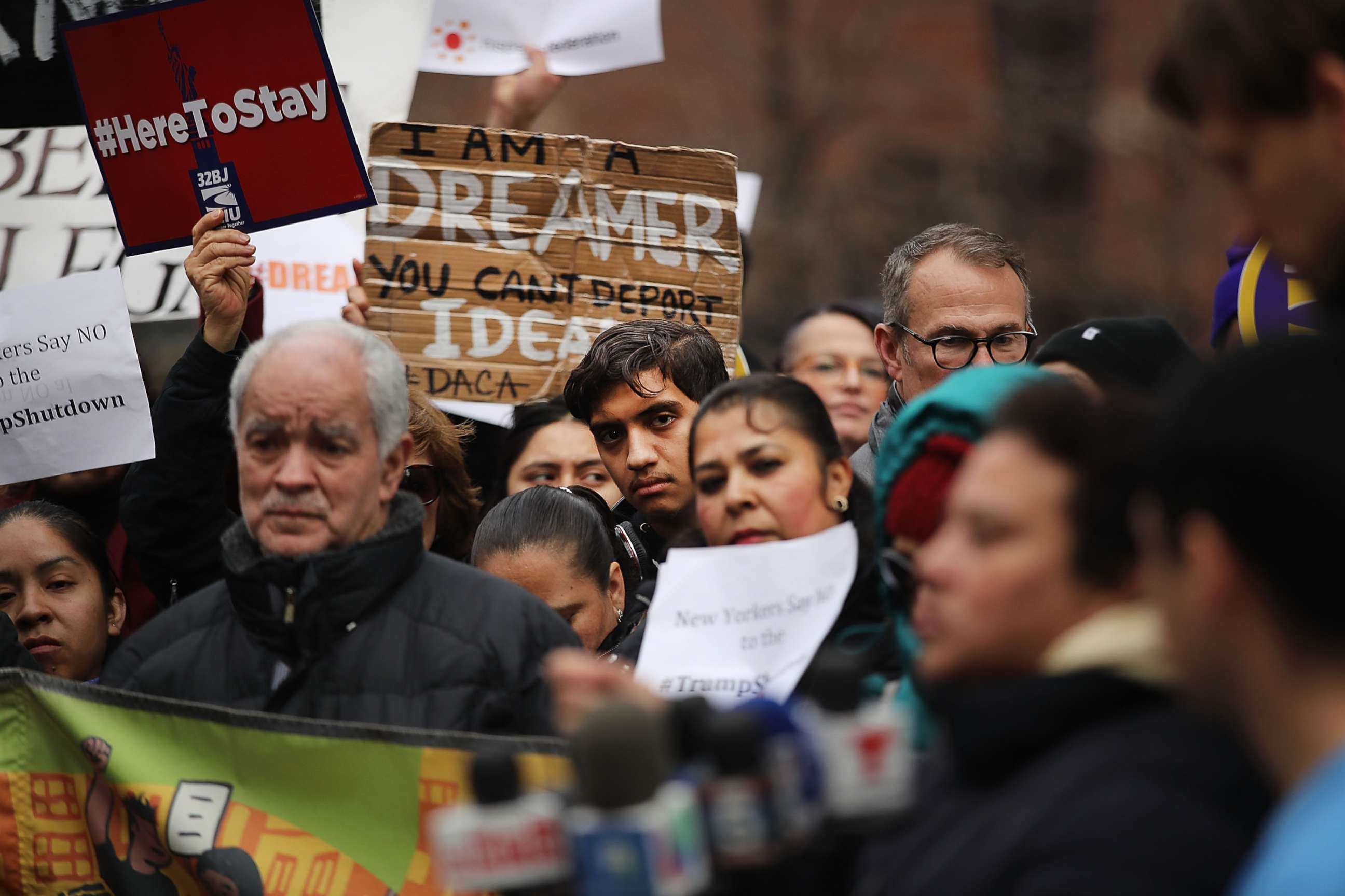 PHOTO: Demonstrators protest the government shutdown and the lack of a deal on DACA outside of Federal Plaza on Jan. 22, 2018, in New York.