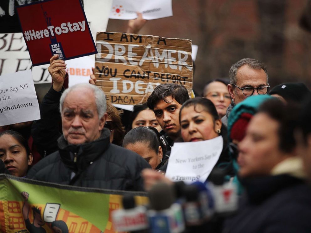 PHOTO: Demonstrators protest the government shutdown and the lack of a deal on DACA outside of Federal Plaza on Jan. 22, 2018, in New York.