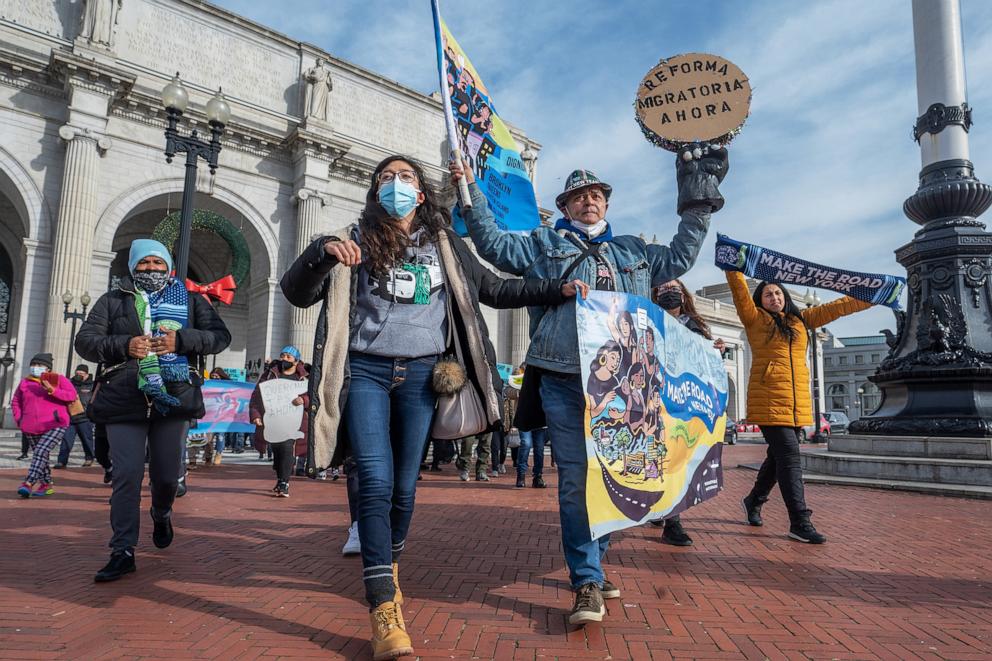 PHOTO: Immigrant rights groups gather to demand immigration reform outside Union Station in Washington, DC, on December 07, 2021.