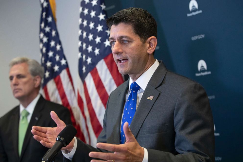 PHOTO: Speaker of the House Paul Ryan, joined by Majority Leader Kevin McCarthy, left, talks to reporters following a GOP strategy session at the Capitol in Washington, June 26, 2018. 