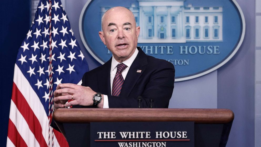 PHOTO: U.S. Homeland Security Secretary Alejandro Mayorkas gestures as he speaks at a press briefing at the White House, Sept. 24, 2021.