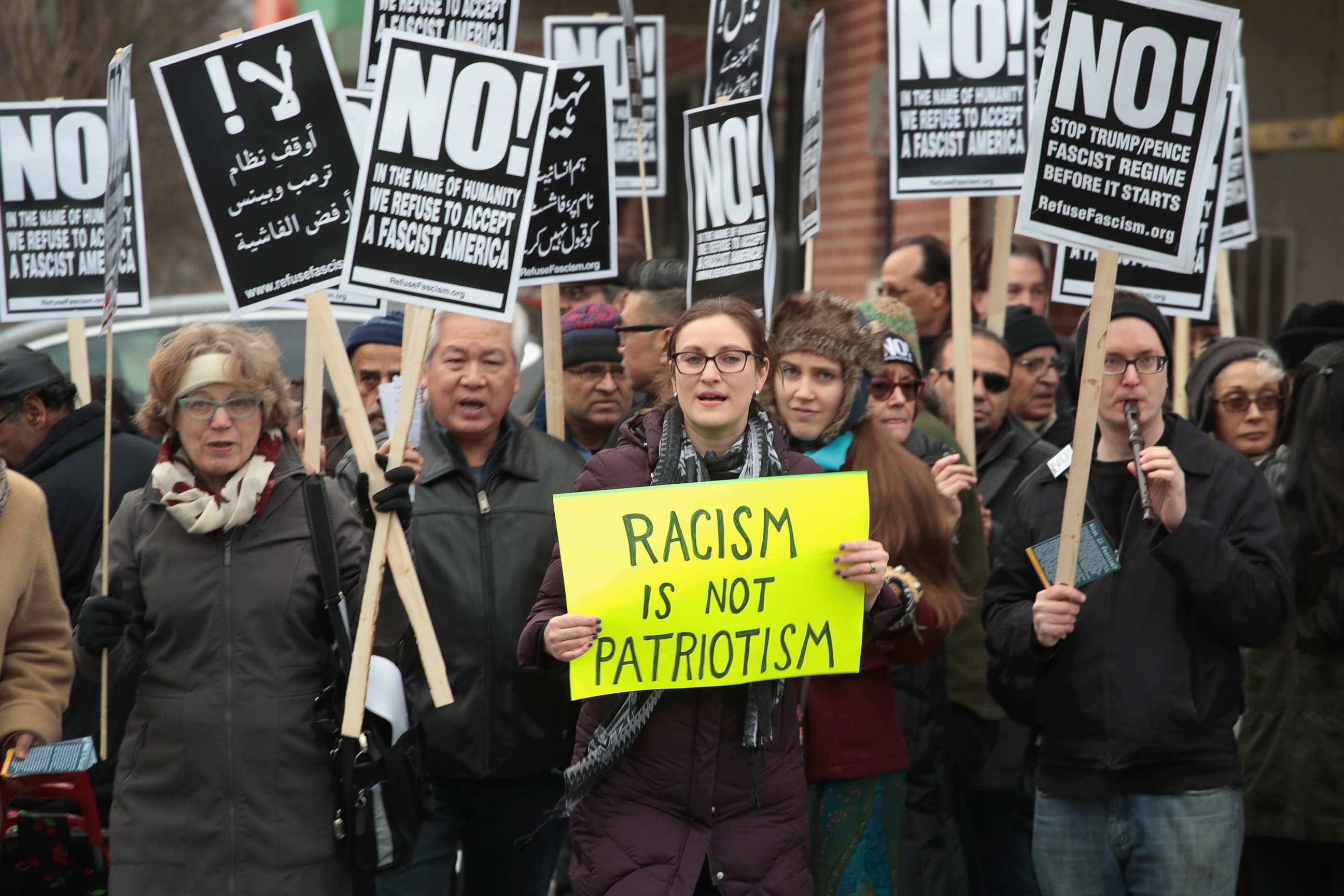 PHOTO: Demonstrators protest against President Donald Trump's attempt to impose a freeze on admitting refugees into the United States and impose a ban on travel from seven Muslim-majority countries, Feb. 11, 2017 in Chicago. 