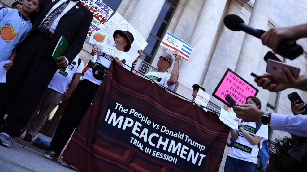 PHOTO: Activists ask for the impeachment of President Donald Trump on Capitol Hill, Sept. 23, 2019.