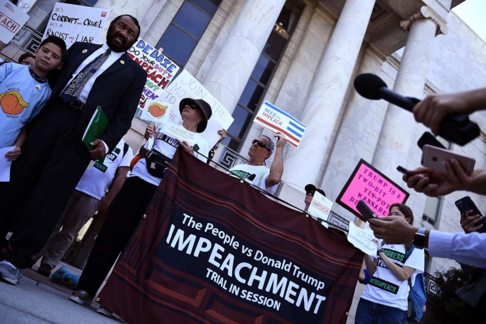 PHOTO: Activists ask for the impeachment of President Donald Trump on Capitol Hill, Sept. 23, 2019.