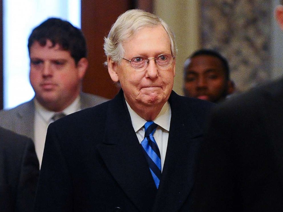PHOTO: Senate Majority Leader Mitch McConnell arrives at the U.S. Capitol for the Senate impeachment trial of President Donald Trump in Washington, Jan. 30, 2020.