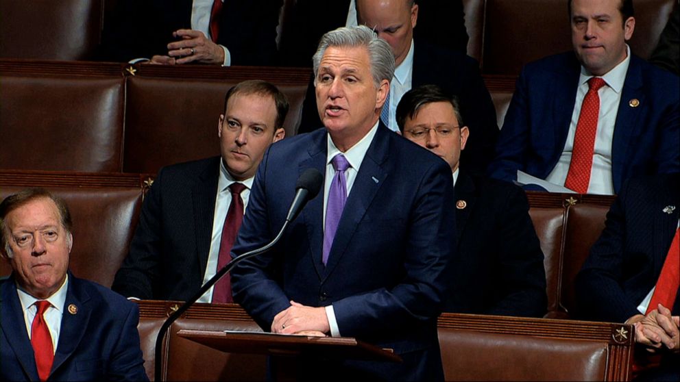 PHOTO: House Minority Leader Kevin McCarthy of Calif., speaks as the House of Representatives begins debate on the articles of impeachment against President Donald Trump at the Capitol in Washington, Dec. 18, 2019.
