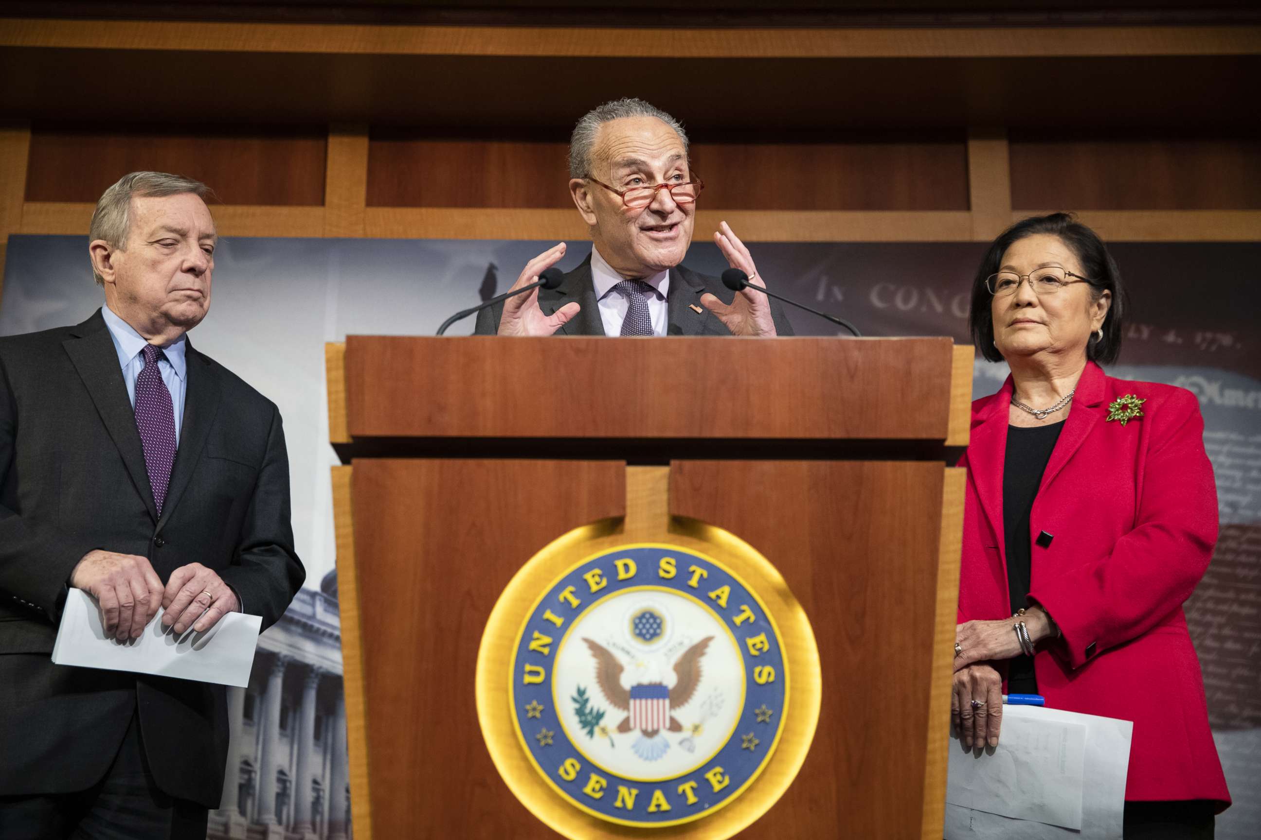 PHOTO: Senate Minority Leader Chuck Schumer speaks during a press conference with Sen. Dick Durbin and Sen. Mazie Hirono before the Senate impeachment trial of President Donald Trump starts for the day on Jan. 30, 2020, in Washington.