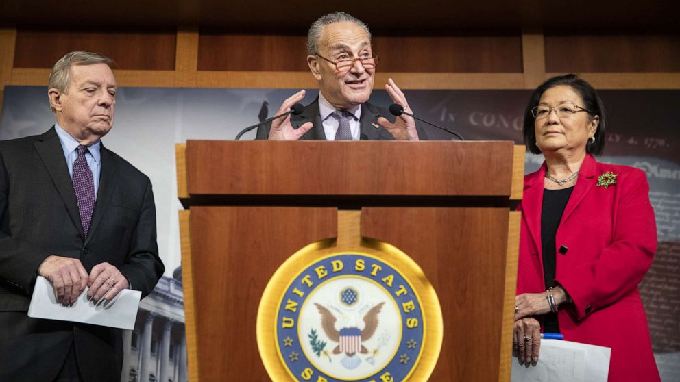 PHOTO: Senate Minority Leader Chuck Schumer speaks during a press conference with Sen. Dick Durbin and Sen. Mazie Hirono before the Senate impeachment trial of President Donald Trump starts for the day on Jan. 30, 2020, in Washington.
