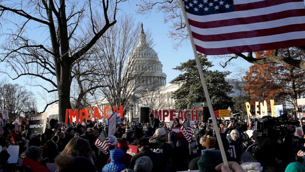 PHOTO: Protesters supporting the impeachment of U.S. President Donald Trump gather outside the U.S. Capitol Dec. 18, 2019, in Washington.