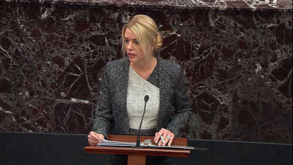PHOTO: White House adviser Pam Bondi presents her opening argument on day 6 of the impeachment trial of President Donald Trump, Jan. 27, 2020, at the Capitol.