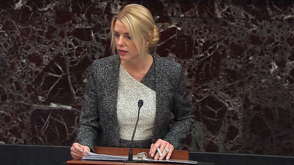 PHOTO: White House adviser Pam Bondi presents her opening argument on day 6 of the impeachment trial of President Donald Trump, Jan. 27, 2020, at the Capitol.