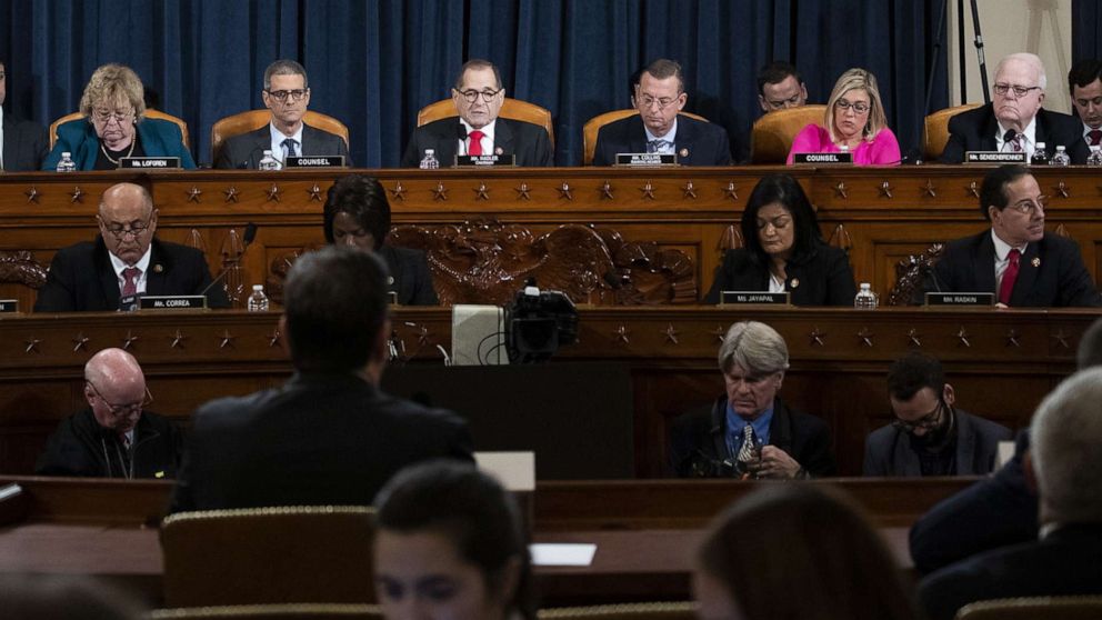 PHOTO:House Judiciary Committee Chairman Jerrold Nadler (D-NY) (center) speaks during a hearing with lawyers for the House Judiciary Committee, Barry Berke representing the majority Democrats, and Stephen Castor representing the minority Republicans.