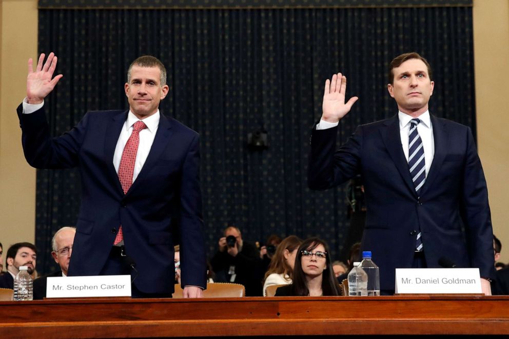 PHOTO: Republican staff attorney Steve Castor, left, and Democratic staff attorney Daniel Goldman and are sworn in to testify as the House Judiciary Committee, Dec. 9, 2019, on Capitol Hill.