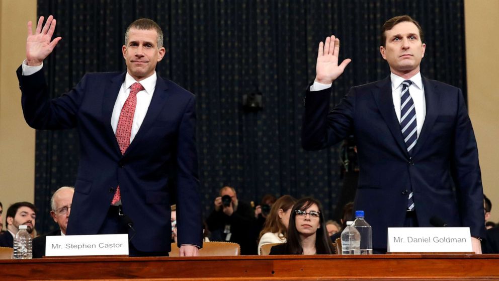 PHOTO: Republican staff attorney Steve Castor and Democratic staff attorney Daniel Goldman and are sworn in to testify as the House Judiciary Committee in the impeachment inquiry of President Donald Trump, Dec. 9, 2019, on Capitol Hill.