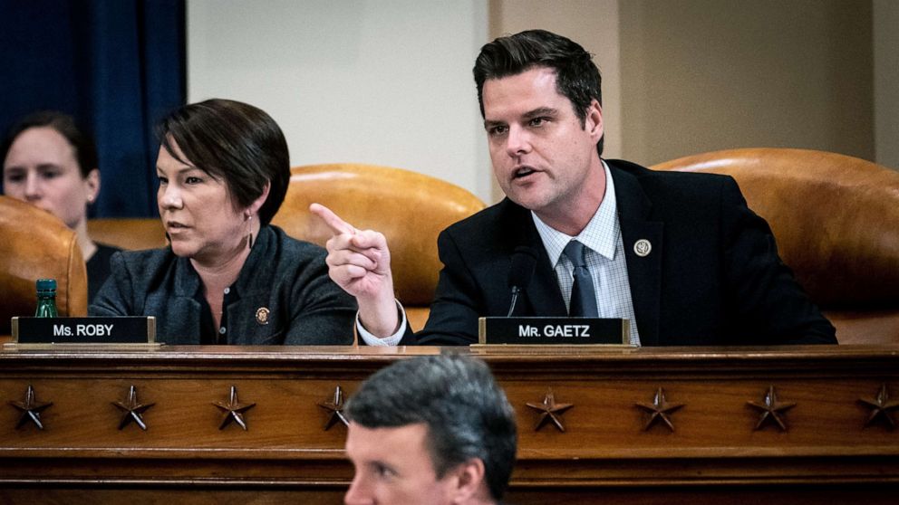 PHOTO: Rep. Matt Gaetz (R-FL) talks out of turn during testimony by Democratic and Republican counsels in an impeachment hearing before the House Judiciary Committee, Dec. 9, 2019, in Washington, D.C. 