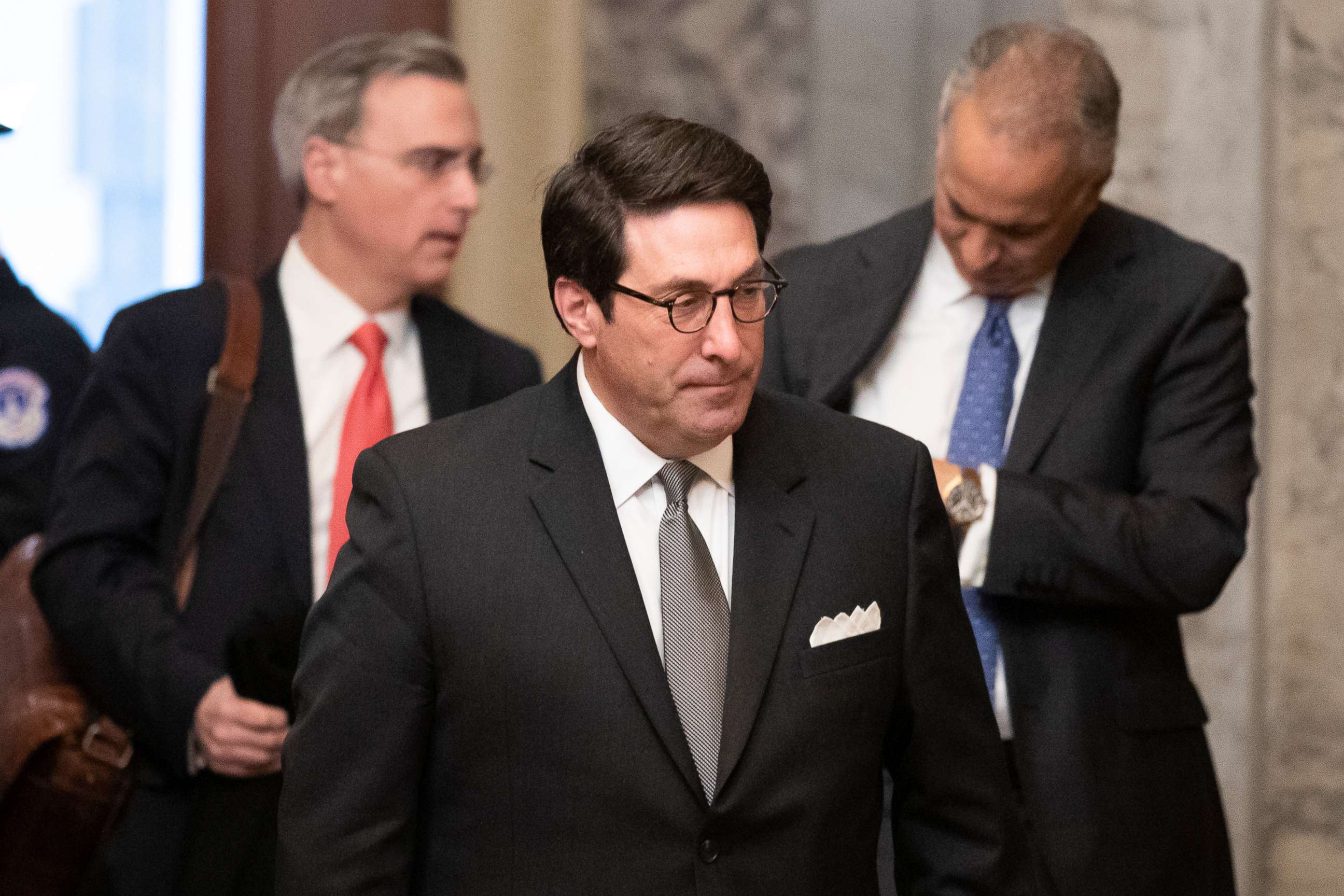 PHOTO: Personal attorney to President Donald Trump, Jay Sekulow, center, and White House counsel Pat Cipollone, left arrive on Capitol Hill, Feb. 3, 2020.
