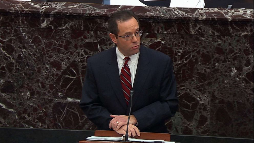 PHOTO: Deputy White House counsel Michael Purpua presents opening argument on day 6 or the impeachment trail of President Donald Trump, Jan. 27, 2020, at the Capitol.