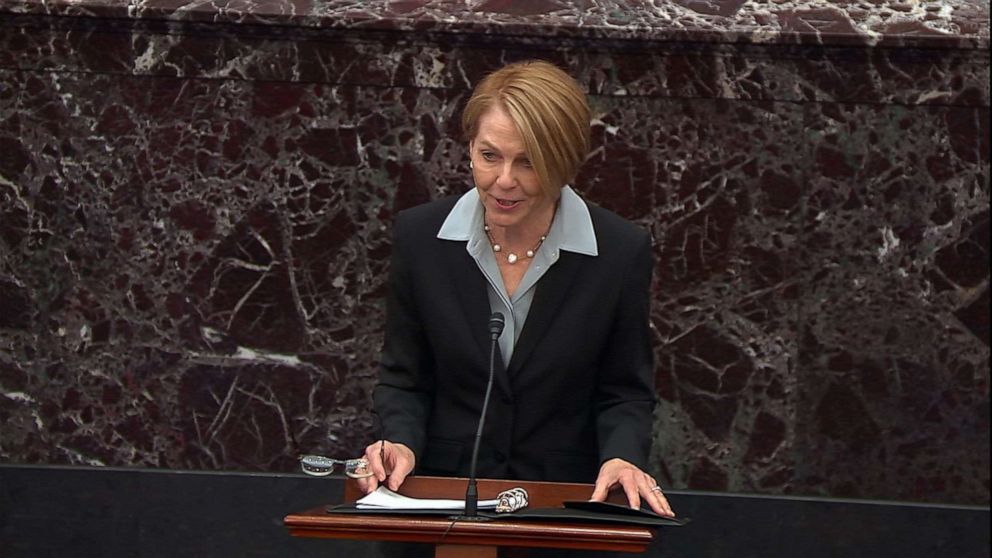 PHOTO: President Trump's personal attorney Jane Raskin presents her opening argument on day 6 of the impeachment trial of President Donald Trump, Jan. 27, 2020, at the Capitol.