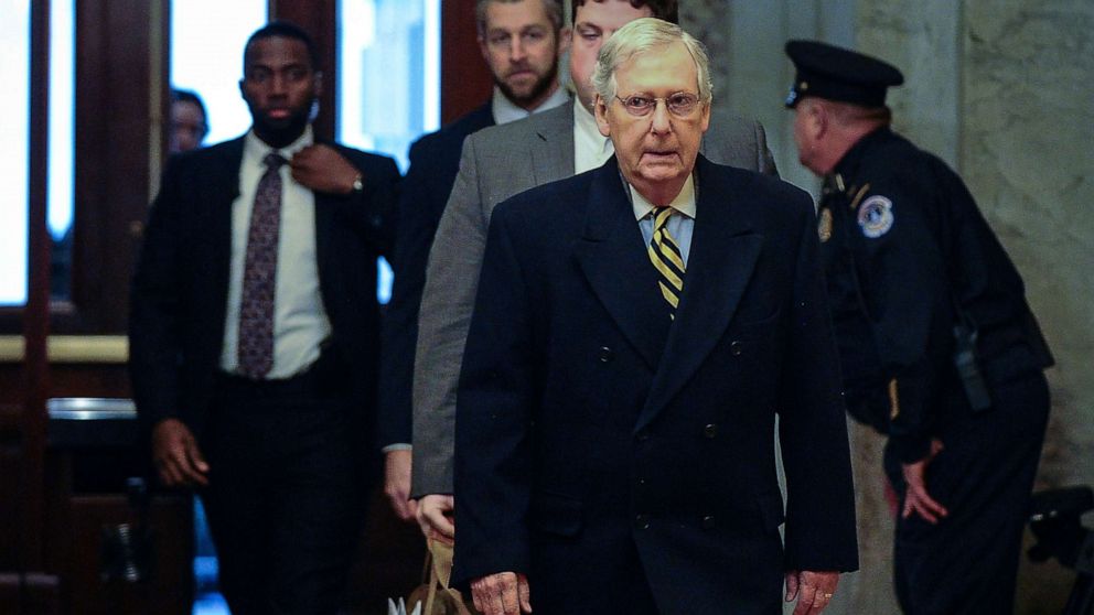 PHOTO: Senate Majority Leader Mitch McConnell, (R-KY), arrives at the U.S. Capitol for the Senate impeachment trial of President Donald Trump, Jan. 27, 2020.     