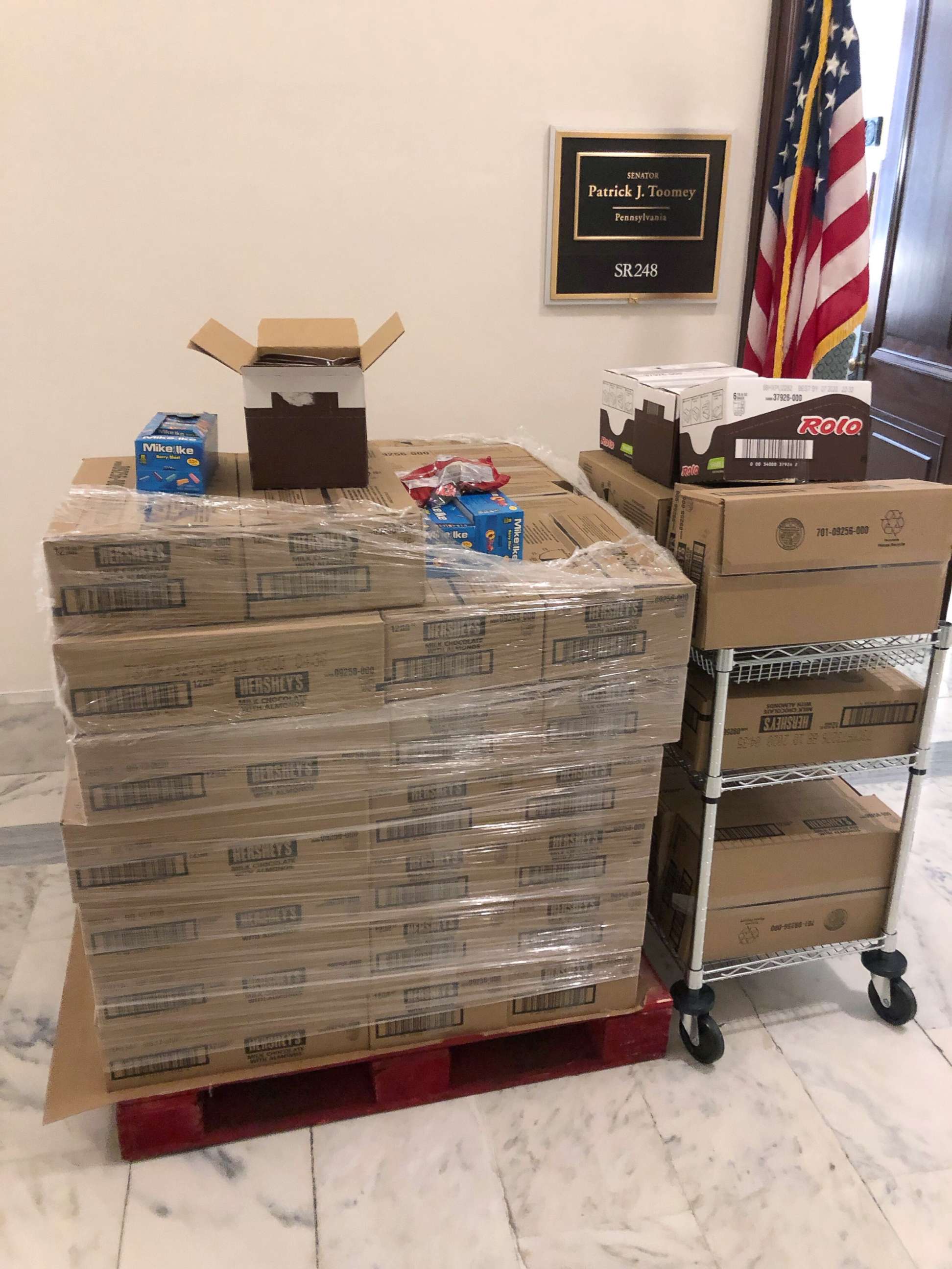 PHOTO: A candy delivery arrives at the office of Sen. Pat Toomey, Jan. 24, 2020, at the U.S. Capitol, during the impeachment trial. The deliveries have increased from semi-monthly to daily during the hearings.