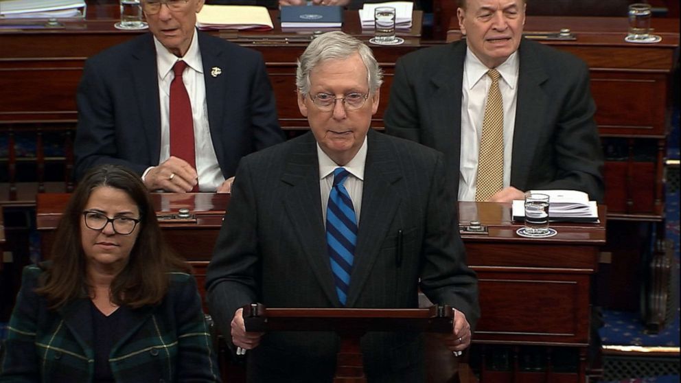PHOTO: Senate Majority Leader Mitch McConnell at the start of the day's proceedings during the impeachment trial against President Donald Trump in the Senate in Washington, Jan. 30, 2020.