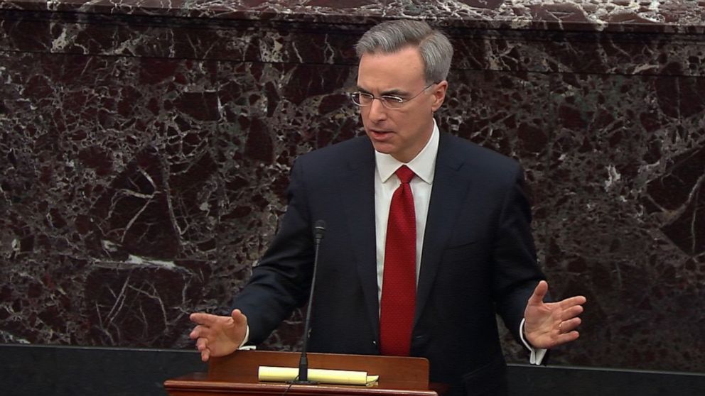 PHOTO: Pat Cipollone, an attorney for President Donald Trump, answers a question during the impeachment trial against President Donald Trump in the Senate in Washington, Jan. 30, 2020.