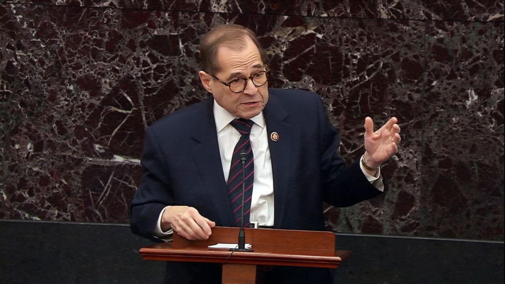 PHOTO: House Manager Rep. Jerry Nadler answers a question during the impeachment trial against President Donald Trump in the Senate in Washington, Jan. 30, 2020.