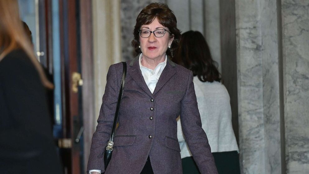 PHOTO: Senator Susan Collins(R-ME) arrives at the Capitol, Jan. 27, 2020. 