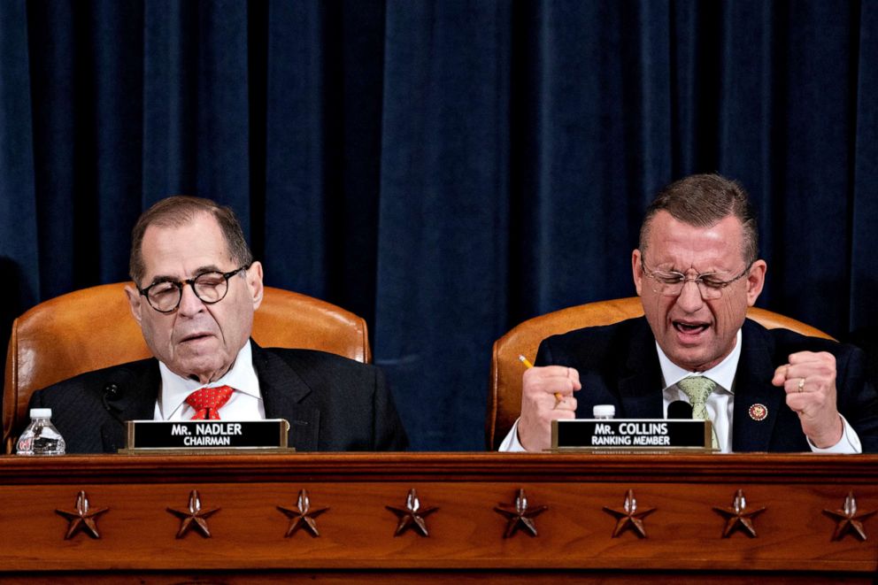 PHOTO: Representative Doug Collins, right, speaks as chairman Jerry Nadler, listens during a House Judiciary Committee markup of the articles of impeachment against President Donald Trump, on Capitol Hill, Dec. 12, 2019, in Washington, D.C.