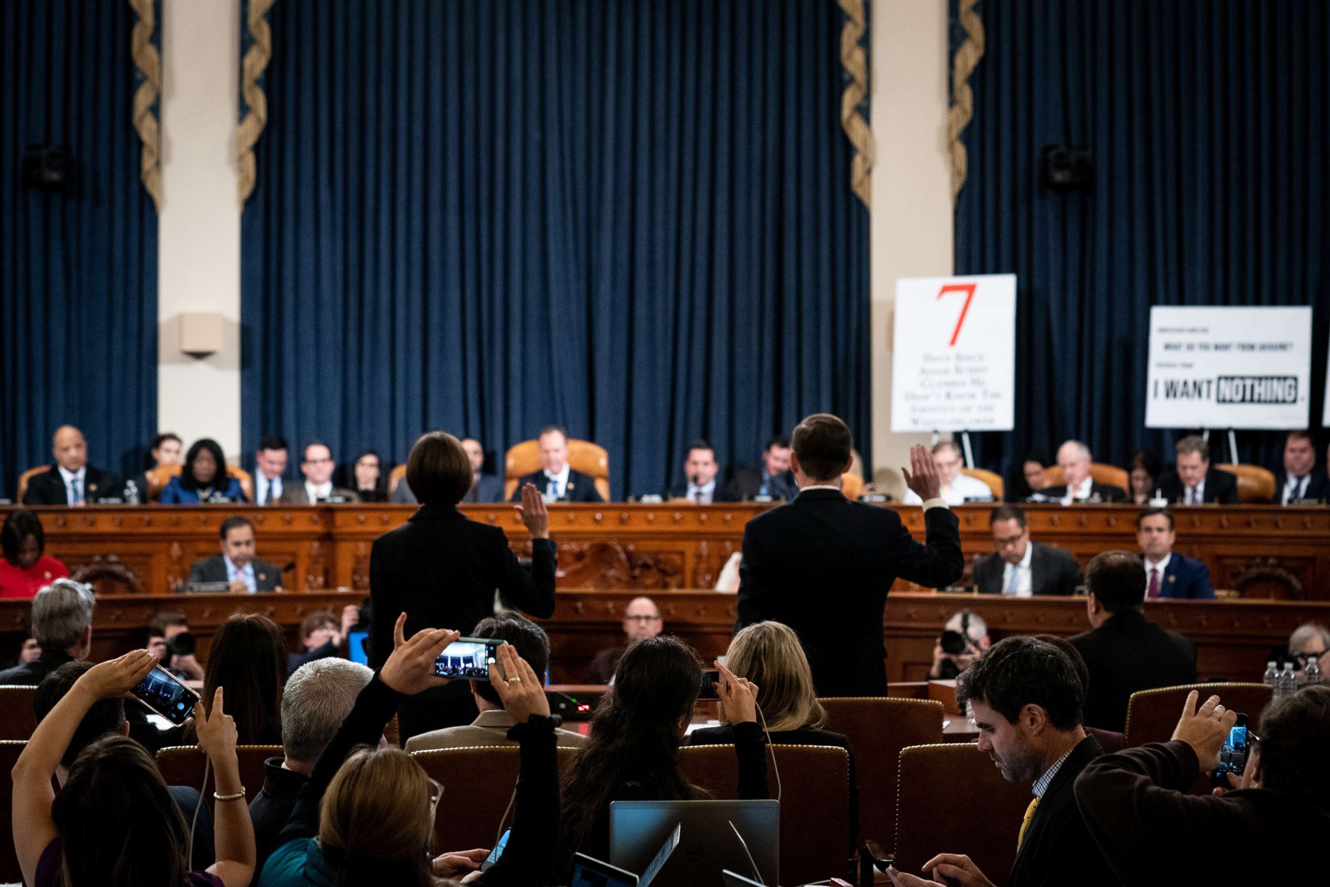 PHOTO: David Hale, under secretary of state for political affairs and Laura Cooper, deputy assistant secretary of defense for Russia, Ukraine, and Eurasia, are sworn in before testifying to the House Intelligence Committee, Nov. 20, 2019, in Washington.