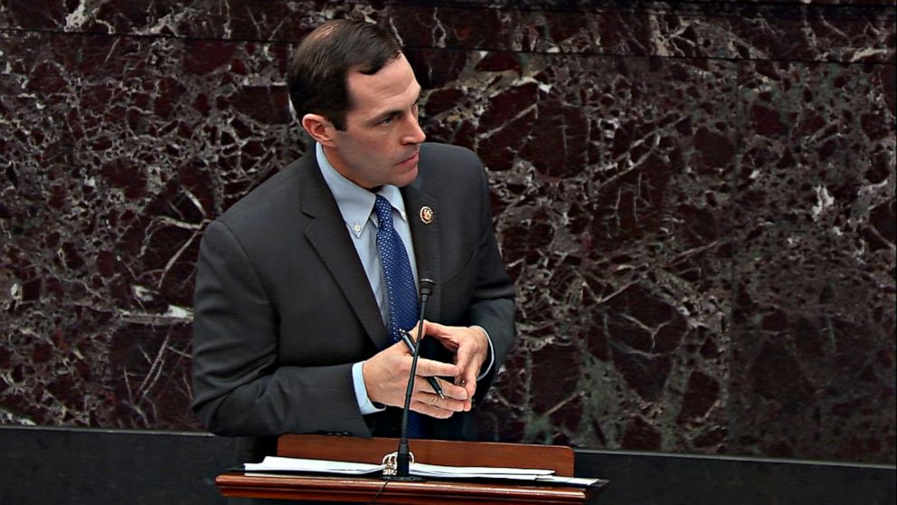 PHOTO: In this screengrab,  House manager Rep. Jason Crow speaks during impeachment proceedings against President Donald Trump in the Senate at the U.S. Capitol on Jan. 31, 2020, in Washington.