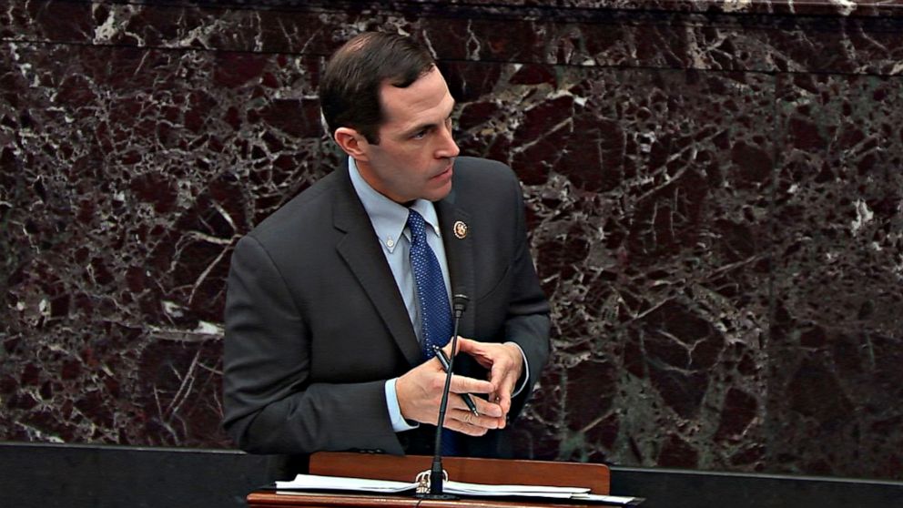 PHOTO: In this screengrab,  House manager Rep. Jason Crow speaks during impeachment proceedings against President Donald Trump in the Senate at the U.S. Capitol on Jan. 31, 2020, in Washington.