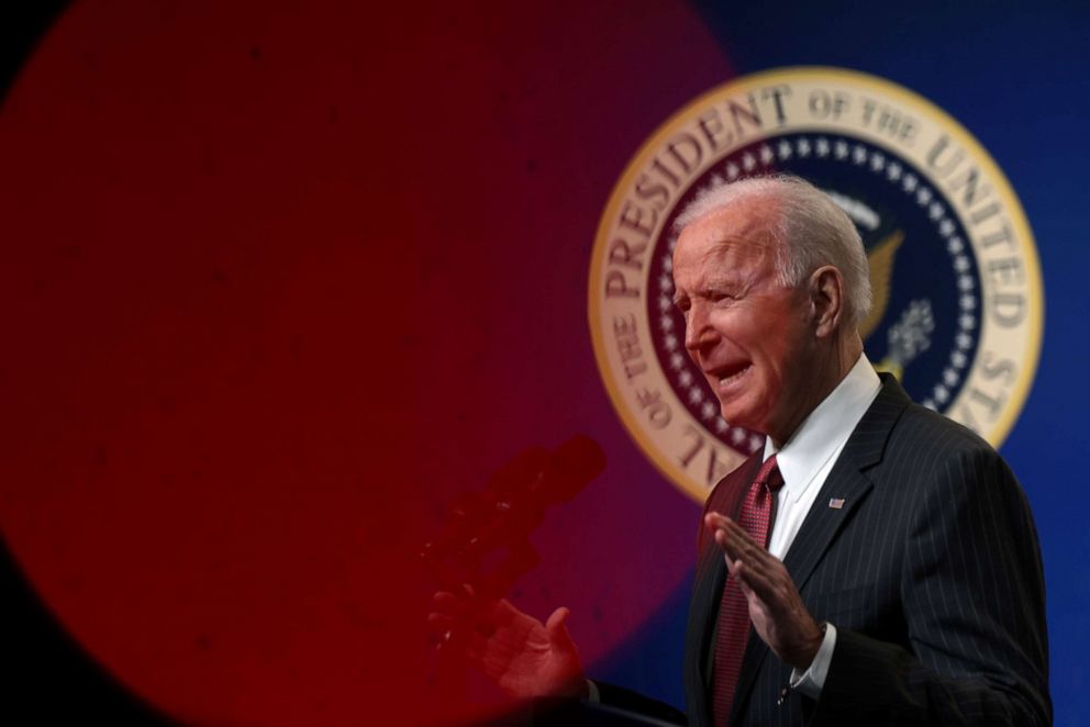 PHOTO: President Joe Biden speaks as he makes a statement at the South Court Auditorium at Eisenhower Executive Building in Washington, Feb. 10, 2021.