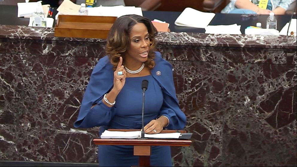 PHOTO: House impeachment manager Del. Stacey Plaskett, D-Virgin Islands, speaks during the second impeachment trial of former President Donald Trump in the Senate at the Capitol in Washington, Feb. 10, 2021.