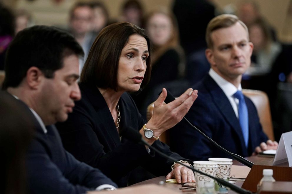 PHOTO: Former White House national security aide Fiona Hill, center, and David Holmes, right, a U.S. diplomat in Ukraine, testify before the House Intelligence Committee on Capitol Hill in Washington, Nov. 21, 2019.